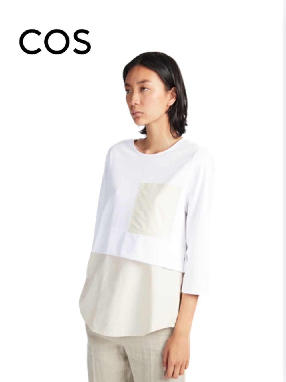 COS Two-Tone Long Sleeve Top in White and Cream